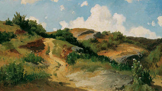 Oil painting of a landscape with a path, rocks, and greenery under a blue sky with white puffy clouds. Painted by August Schaeffer von Wienwald in 1870.
